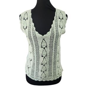 Vintage Boho Crochet Tank Top Shirt S M Green Doily Scallop Loose Weave